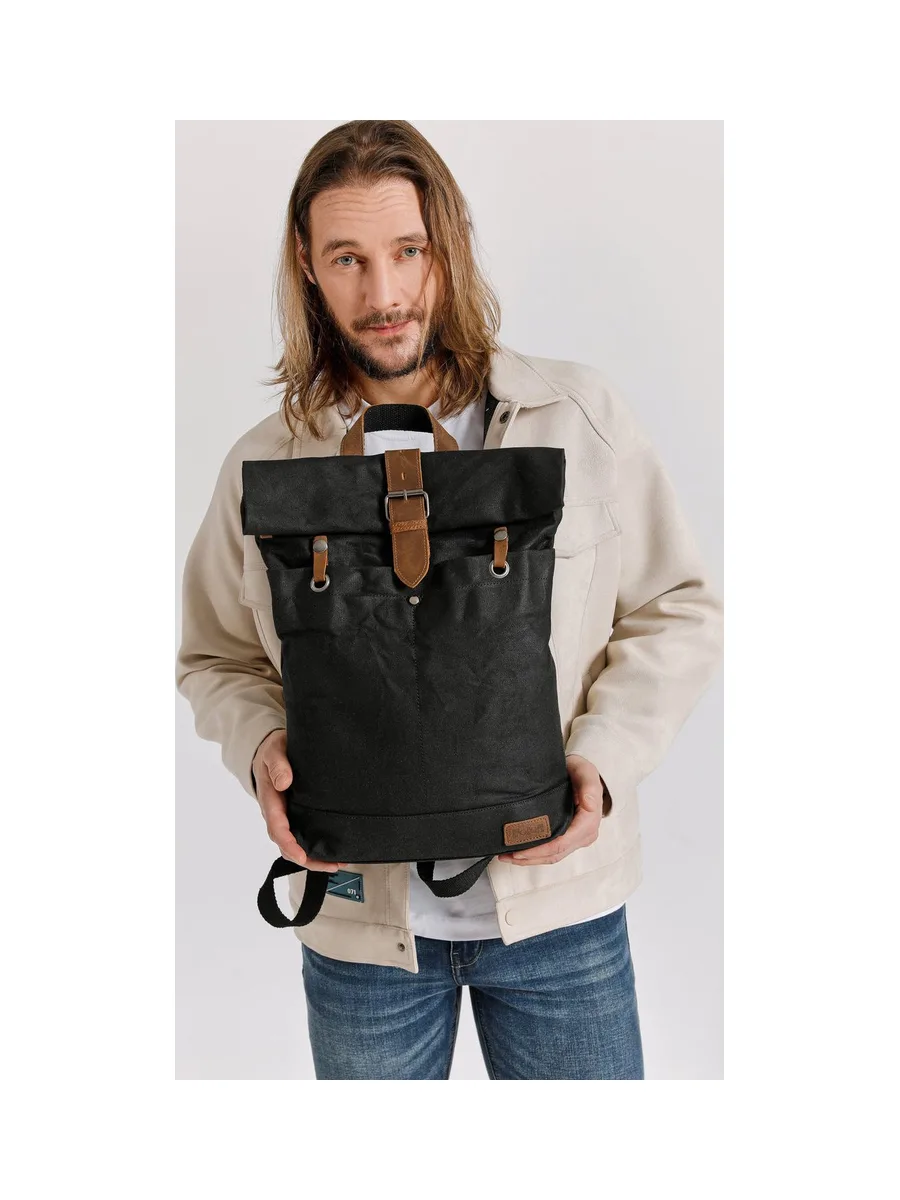STAN - Sac à dos en cuir véritable et toile enduite - Bleu 58