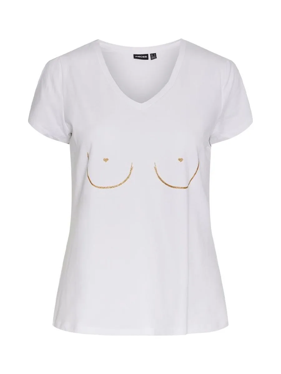T-shirt Blanc/Doré Femme Pieces Merima 2