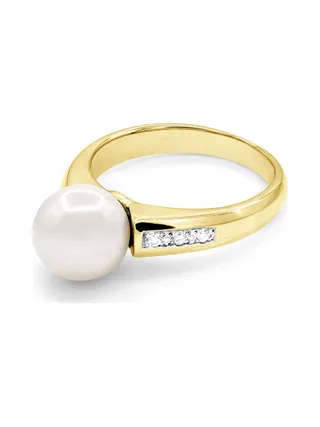 Bague Véritable Perle d'Eau Douce Ronde 8-9 mm Diamant 0.06 ct — Or Jaune 375 Millièmes 1