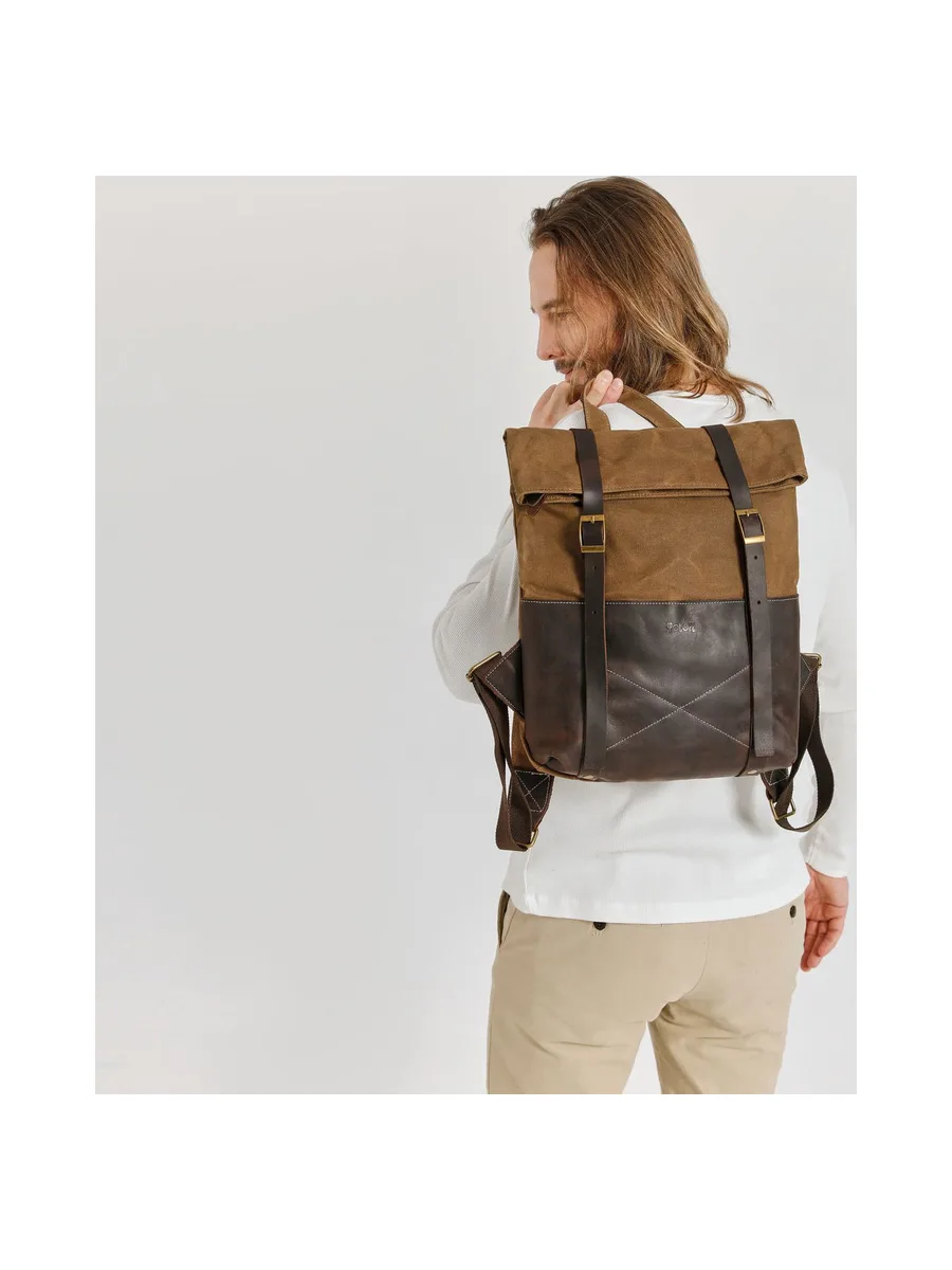 NES - Sac à dos en cuir véritable et toile enduite - Bleu 48