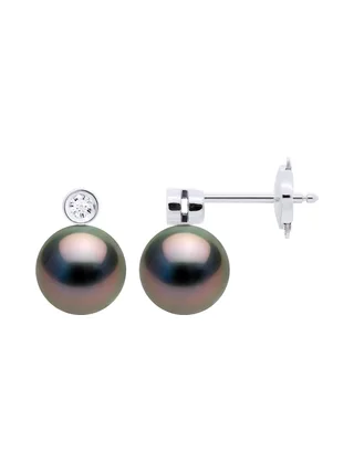 Boucles d'Oreilles Véritables Perles de Tahiti 8-9 mm Diamants 0.04 ct — Or Blanc 750 Millièmes 1