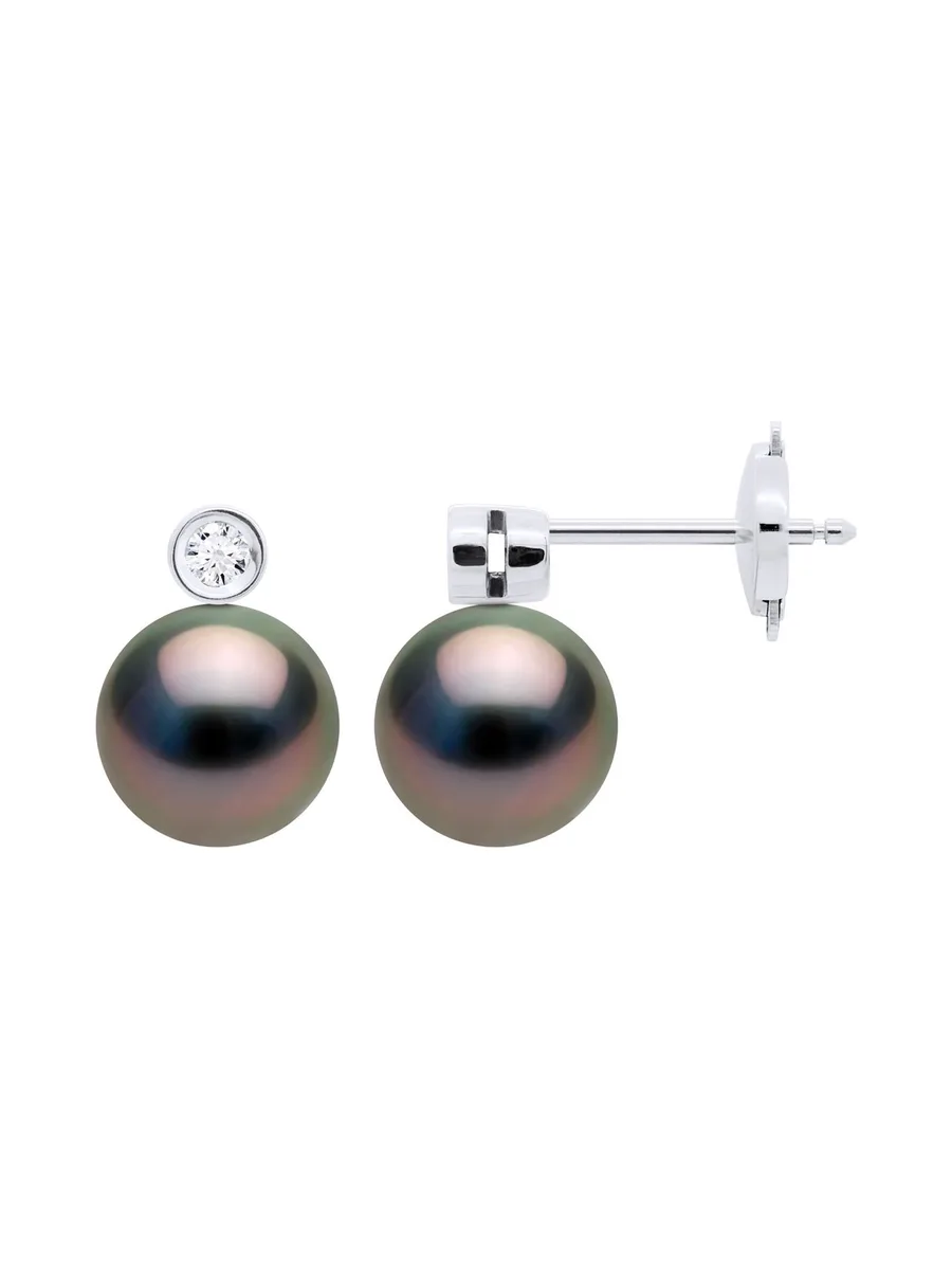 Boucles d'Oreilles Véritables Perles de Tahiti 8-9 mm Diamants 0.04 ct — Or Blanc 750 Millièmes 1