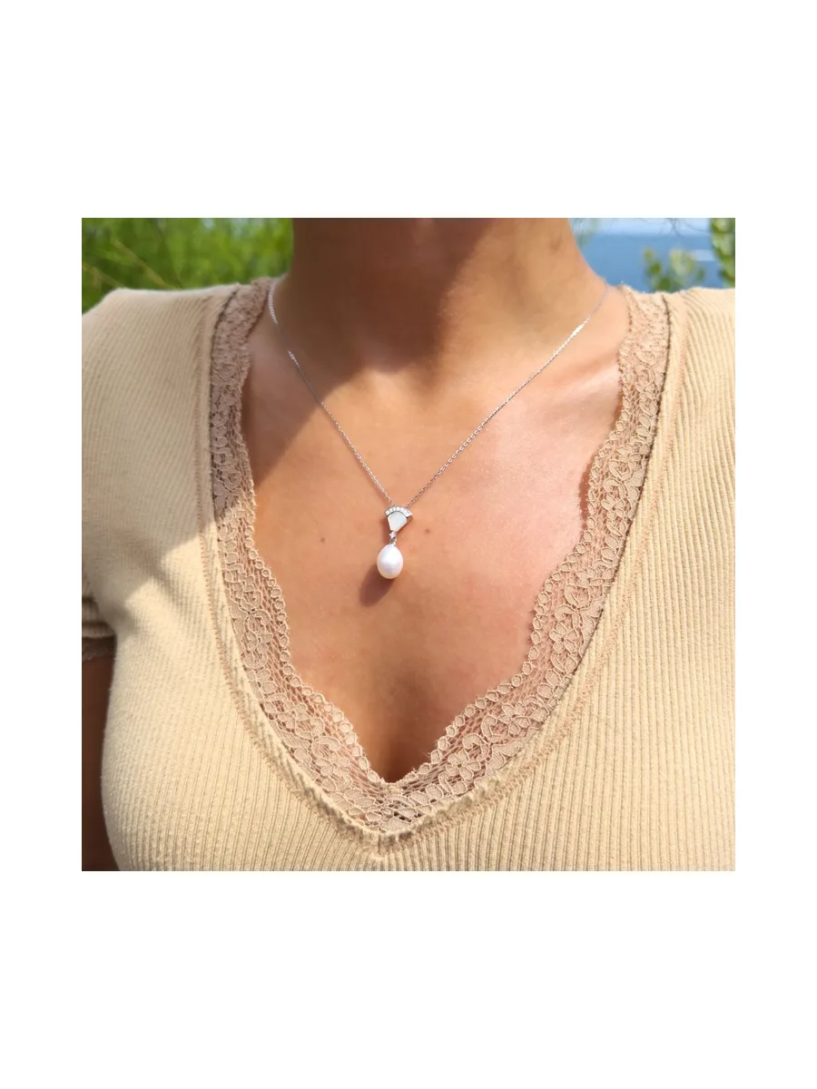 Collier Maille Forçat Véritable Perle d'Eau Douce Ovale 8-9 mm — Argent 925 Millièmes Rhodié — 42 cm 3