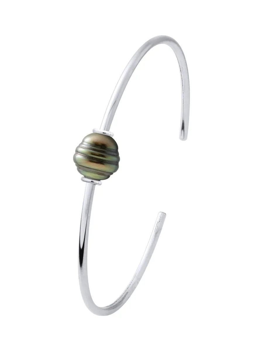 Bracelet Jonc Véritable Perle de Tahiti Cerclée 9-10 mm — Argent 925 Millièmes — 20 cm 1