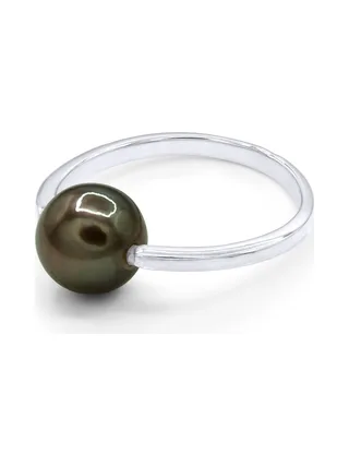 Bague Jonc Véritable Perle de Tahiti Ronde 8-9 mm — Or Blanc 375 Millièmes 1