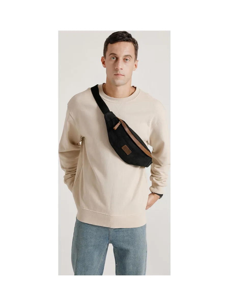FLO - Sac banane en cuir véritable et toile enduite - Bleu 29