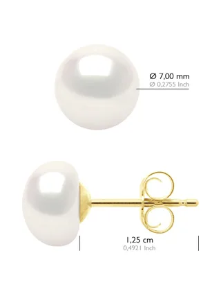 Boucles d'Oreilles Véritables Perles d'Eau Douce Bouton 7-8 mm — Or Jaune 375 Millièmes 2