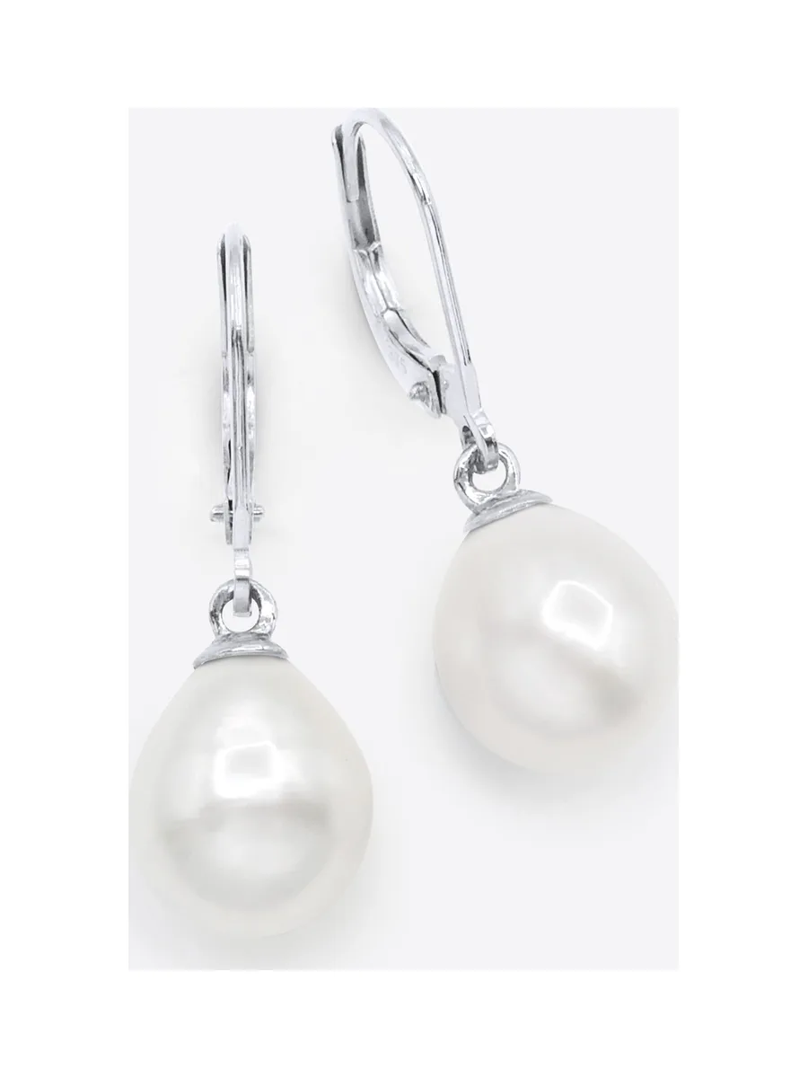 Boucles d'Oreilles Véritables Perles d'Eau Douce Poires 9-10 mm — Or Blanc 375 Millièmes 1