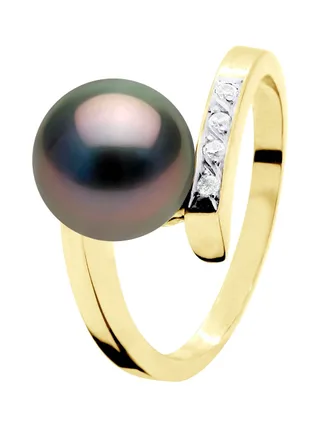 Bague Véritable Perle de Tahiti Ronde 8-9 mm Diamant 0.04 ct — Or Jaune 375 Millièmes 4