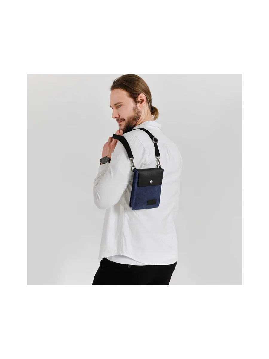 VAL - Pochette bandoulière en cuir véritable et toile enduite - Bleu 37