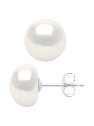 Boucles d'Oreilles Véritables Perles d'Eau Douce Bouton 9-10 mm — Or Blanc 375 Millièmes 1