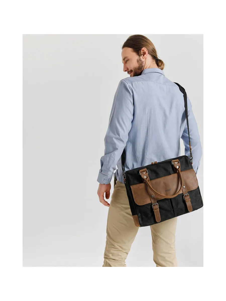 MICK - Sacoche en cuir véritable et toile enduite - Bleu 61