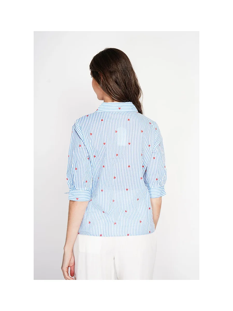 Blouse col chemise à rayure en coeur devant croisé en trapèze à manche 3/4 3
