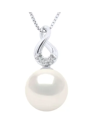 Collier Véritable Perle d'Eau Douce Ronde 9-10 mm Diamants 0.03 ct — Or Blanc 375 Millièmes — 42 cm 1