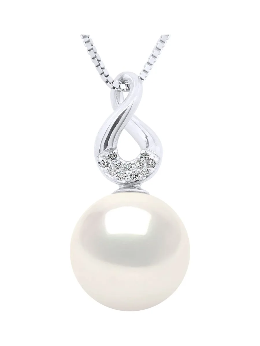 Collier Véritable Perle d'Eau Douce Ronde 9-10 mm Diamants 0.03 ct — Or Blanc 375 Millièmes — 42 cm 1