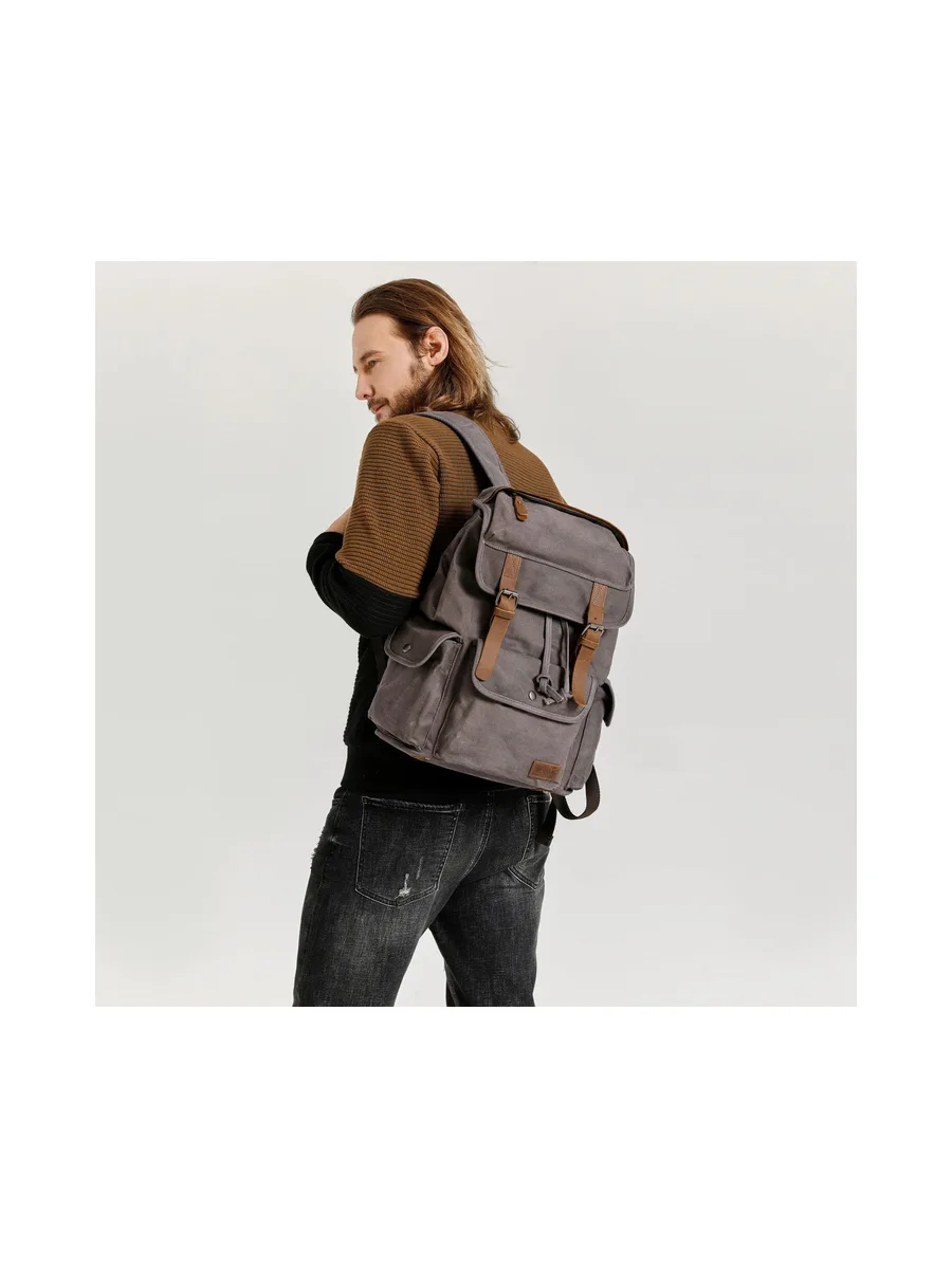 BILL - Sac à dos en cuir véritable et toile enduite - Bleu 52