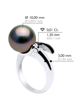 Bague Véritable Perle de Tahiti Ronde 10-11 mm Diamants 0.04 ct — Or Blanc 750 Millièmes 2