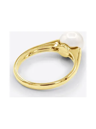Bague Solitaire Véritable Perle d'Eau Douce Ronde 8-9 mm Diamants 0.02 ct — Or Jaune 375 Millièmes 5
