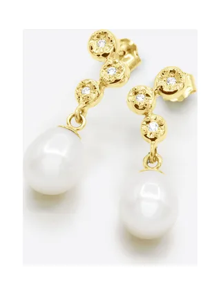 Boucles d'Oreilles Véritables Perles d'Eau Douce 9-10 mm Diamants 0.12 ct — Or Jaune 375 Millièmes 1
