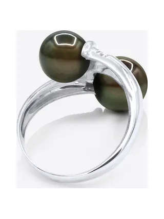 Bague Toi & Moi Véritables Perles de Tahiti Rondes 8-9 mm Diamants 0.06 ct — Or Blanc 375 Millièmes 5