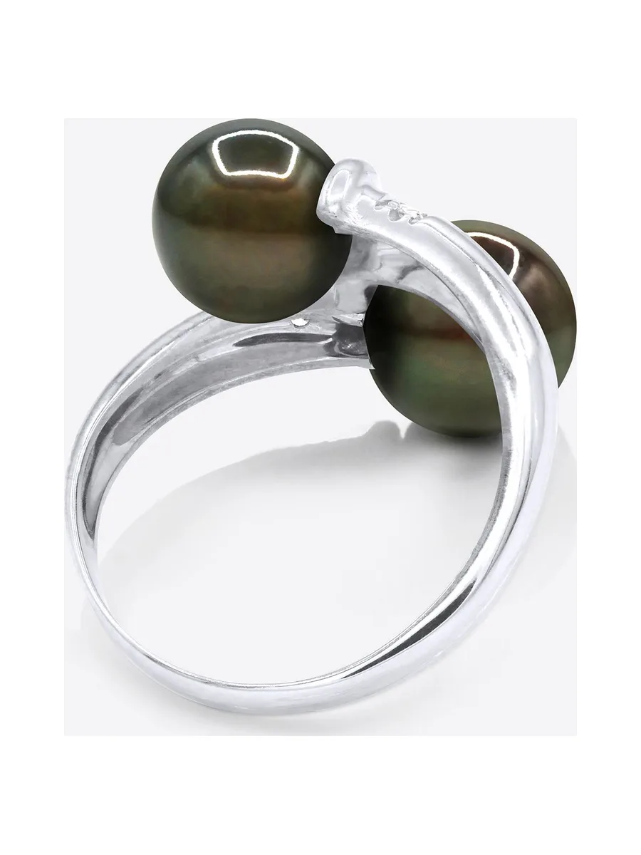 Bague Toi & Moi Véritables Perles de Tahiti Rondes 8-9 mm Diamants 0.06 ct — Or Blanc 375 Millièmes 5
