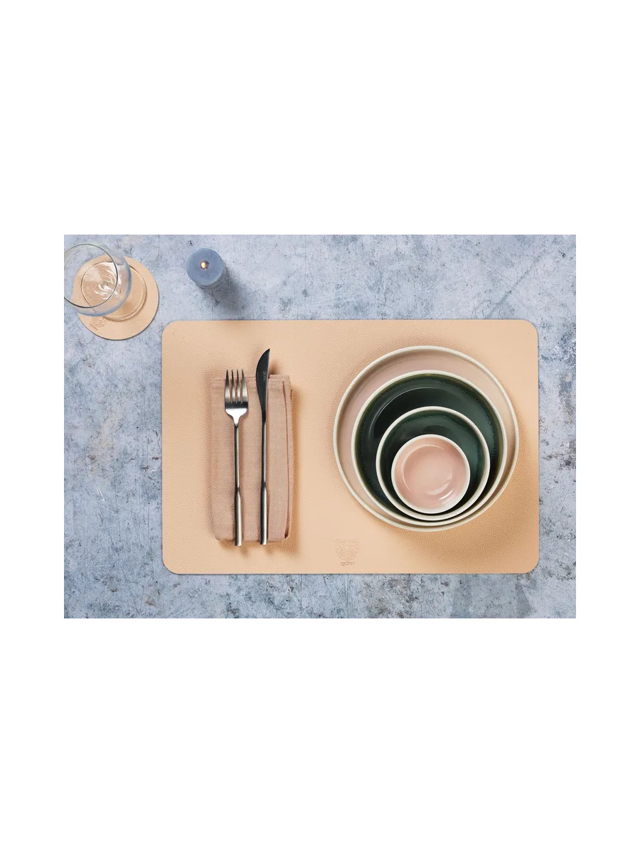 Sous-verre rond réversible - 6 pièces - Cuir recyclé blanc crème et vert de gris 34
