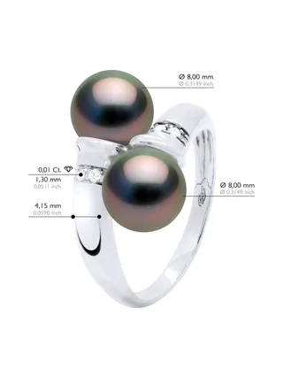 Bague Toi & Moi Véritables Perles de Tahiti Rondes 8-9 mm Diamants 0.06 ct — Or Blanc 375 Millièmes 2