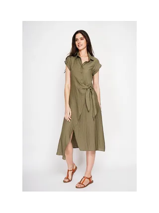 Robe longue col chemise  boutonnée devant coupe évasée à manches courtes 3