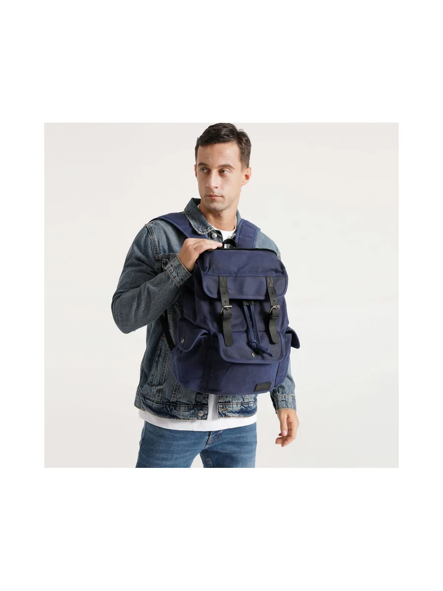 BILL - Sac à dos en cuir véritable et toile enduite - Bleu 41