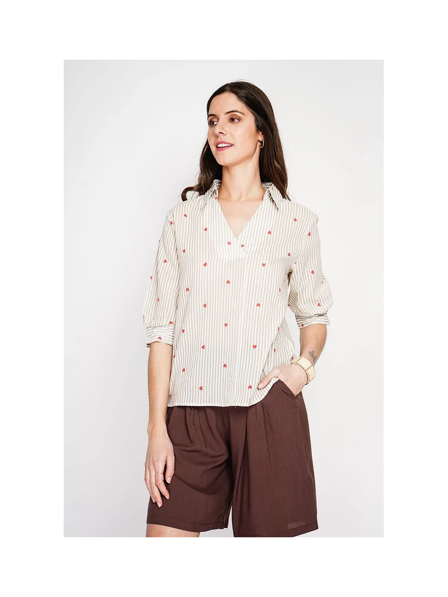 Blouse col chemise à rayure en coeur devant croisé en trapèze à manche 3/4 7