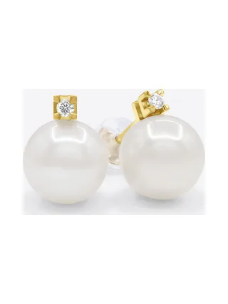 Boucles d'Oreilles Véritables Perles d'Eau Douce 8-9 mm Diamants 0.04 ct — Or Jaune 375 Millièmes 1