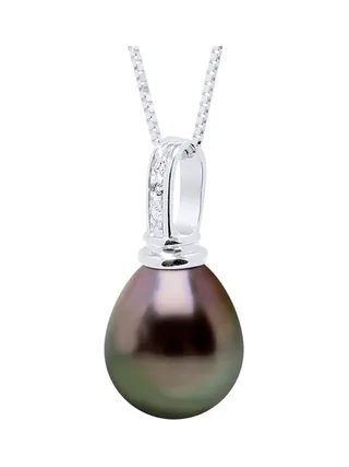Collier Véritable Perle de Tahiti Poire 10-11 mm Diamant 0.03 ct — Or Blanc 375 Millièmes — 42 cm 1
