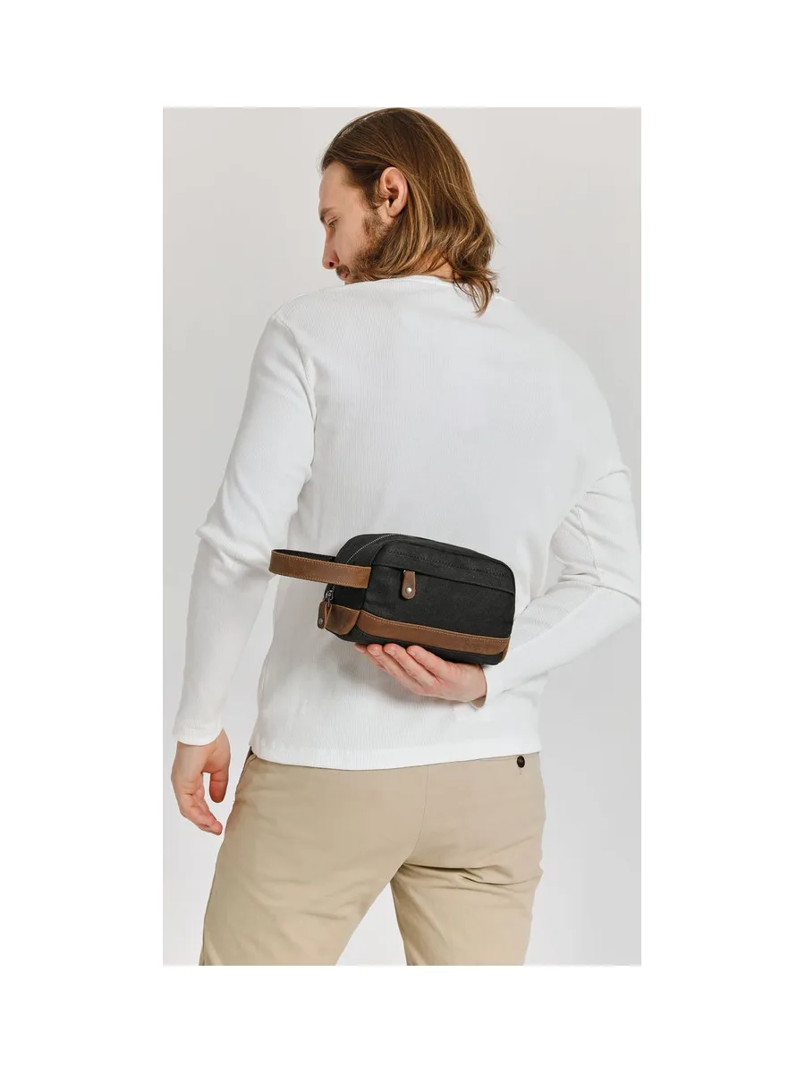 TONY - Trousse de toilette en cuir véritable et toile enduite - Bleu 61