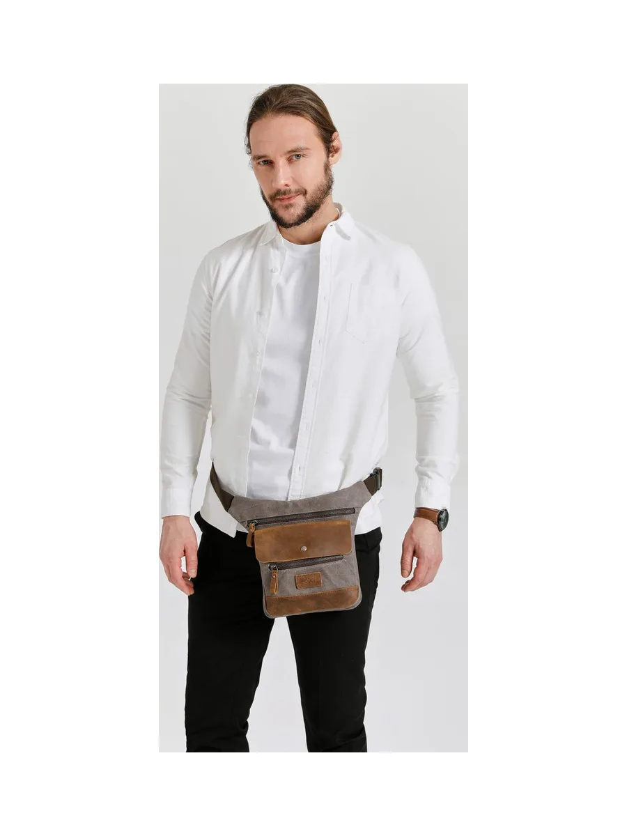 JEFF - Pochette banane en cuir véritable et toile enduite - Bleu 53