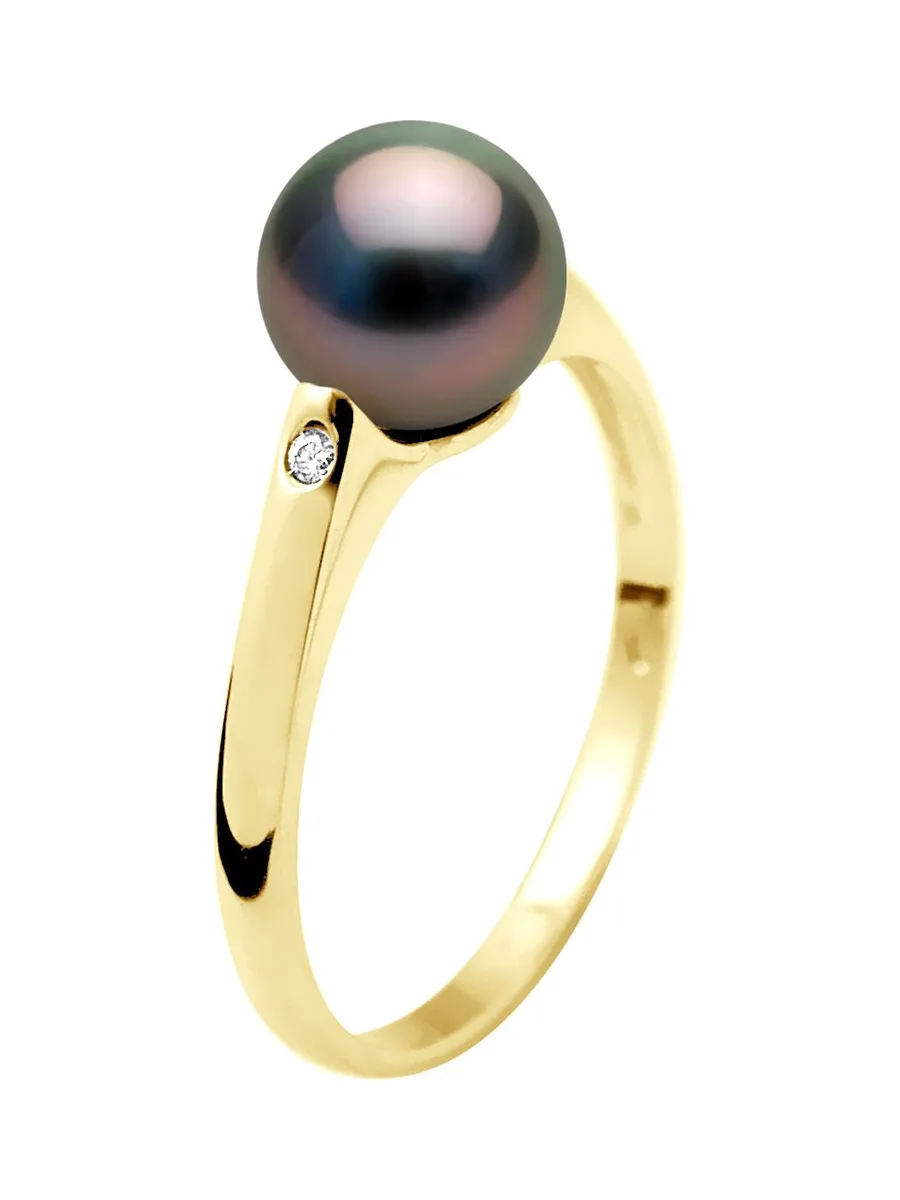 Bague Véritables Perles de Tahiti Rondes 8-9 mm Diamants 0.02 ct — Or Jaune 375 Millièmes 4
