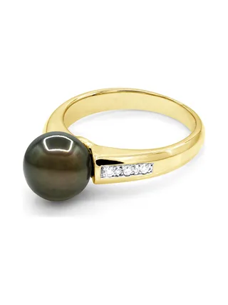 Bague Véritable Perle de Tahiti Ronde 8-9 mm Diamant 0.06 ct — Or Jaune 375 Millièmes 1