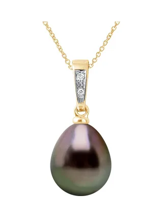 Pendentif Véritable Perle de Tahiti Poire 9-10 mm Diamants 0.01 ct — Or Jaune 375 Millièmes 1