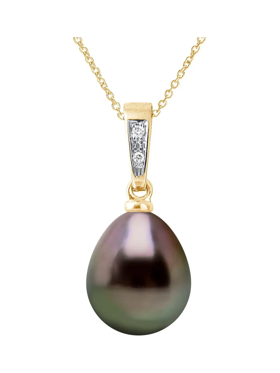 Pendentif Véritable Perle de Tahiti Poire 9-10 mm Diamants 0.01 ct — Or Jaune 375 Millièmes 1