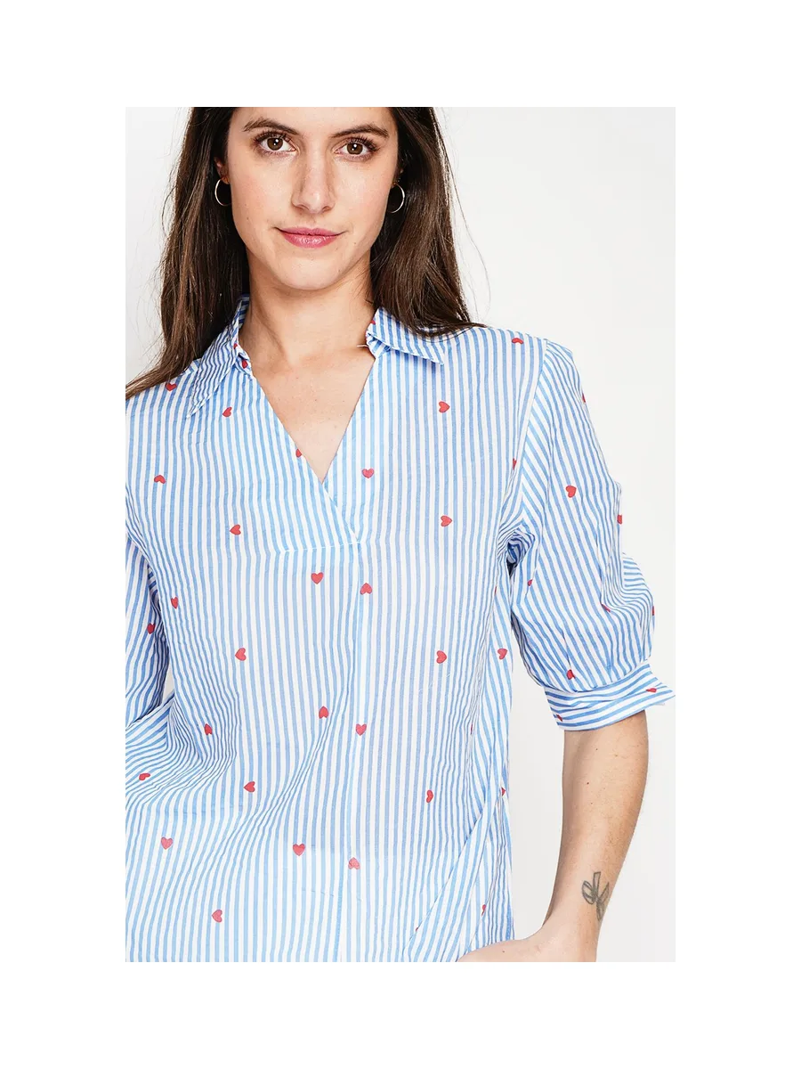 Blouse col chemise à rayure en coeur devant croisé en trapèze à manche 3/4 4