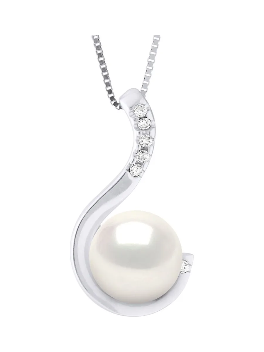 Collier Véritable Perle d'Eau Douce Ronde 9-10 mm Diamants 0.02 ct — Or Blanc 375 Millièmes — 42 cm 1