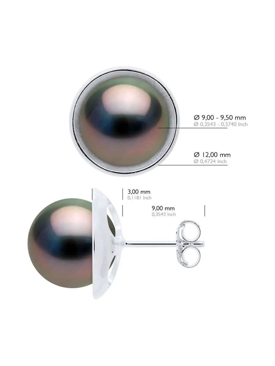 Boucles d'Oreilles Véritables Perles de Tahiti Rondes 9-10 mm — Or Blanc 375 Millièmes 2