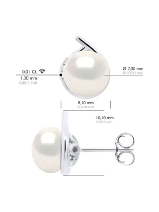 Boucles d'Oreilles Véritables Perles d'Eau Douce 7-8 mm Diamants 0.06 ct — Or Blanc 375 Millièmes 2