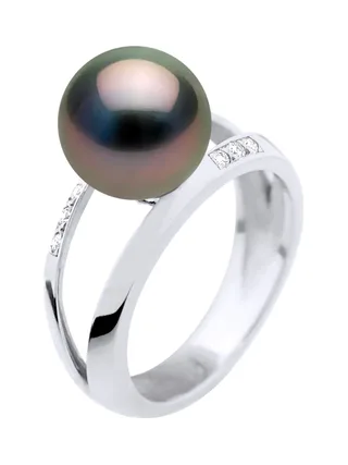 Bague Jonc Véritable Perle de Tahiti Ronde 9-10 mm Diamants 0.06 ct — Or Blanc 375 Millièmes 3