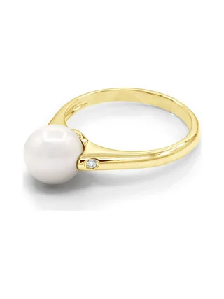 Bague Solitaire Véritable Perle d'Eau Douce Ronde 8-9 mm Diamants 0.02 ct — Or Jaune 375 Millièmes 1