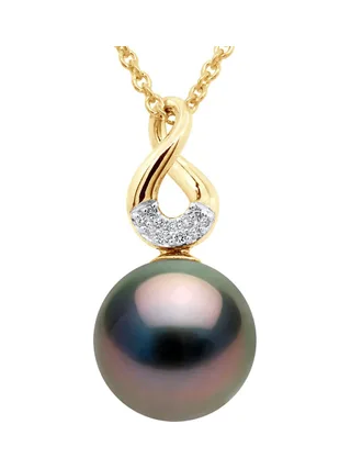 Pendentif Véritable Perle de Tahiti Ronde 9 mm Diamants 0.03 ct — Or Jaune 375 Millièmes 1