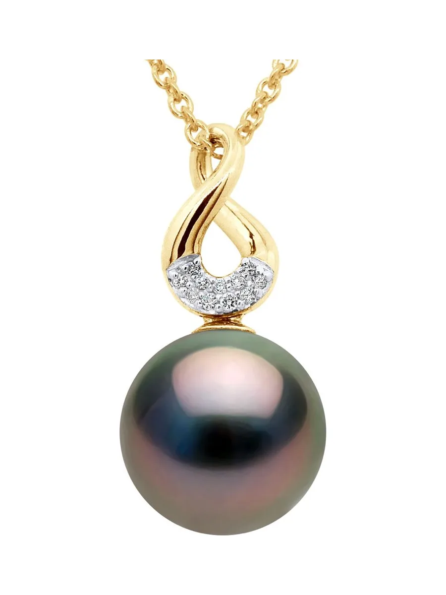 Pendentif Véritable Perle de Tahiti Ronde 9 mm Diamants 0.03 ct — Or Jaune 375 Millièmes 1