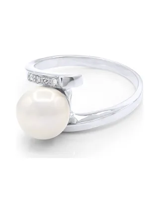 Bague Véritable Perle d'Eau Douce Ronde 8-9 mm Diamant 0.04 ct — Or Blanc 375 Millièmes 1