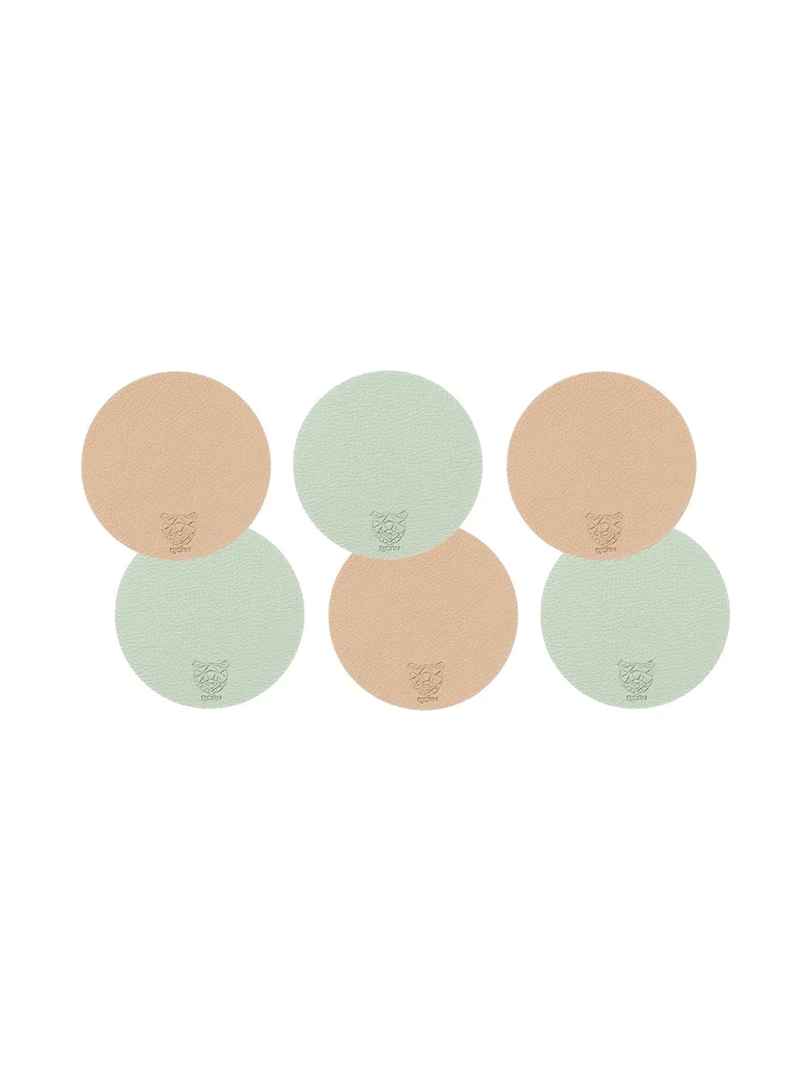 Sous-verre rond réversible - 6 pièces - Cuir recyclé blanc crème et vert de gris 29