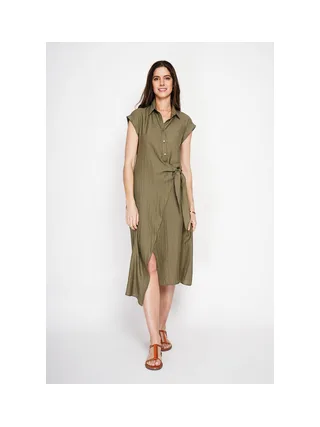 Robe longue col chemise  boutonnée devant coupe évasée à manches courtes 1