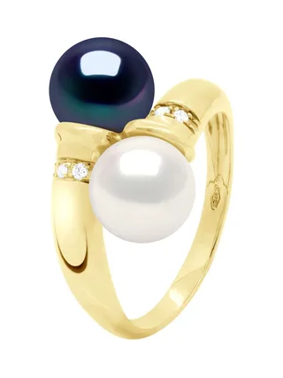 Bague Toi & Moi Véritables Perles d'Eau Douce 8-9 mm Diamants 0.04 ct — Or Jaune 375 Millièmes 4
